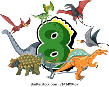 Eight dinosaurs with number eight cartoon illustration