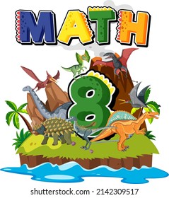 Eight dinosaurs with number eight cartoon illustration