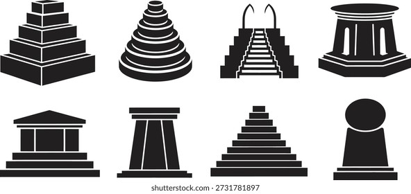 Eight distinct architectural silhouettes including various monuments and structures