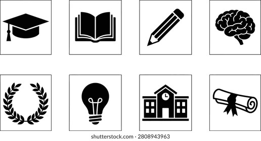 Eight distinct black representing education and knowledge, including a graduation cap, open book, pencil, brain, laurel wreath, light bulb, school building, and diploma, arranged in a 2x4 grid on...