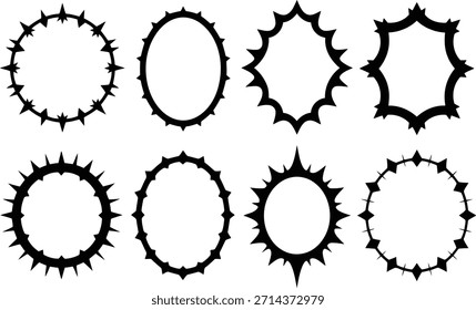 Acht verschiedene schwarze Silhouettenrahmen mit scharfen, dornigen und spitzen Kanten in kreisförmigen und ovalen Formen auf weißem Hintergrund.