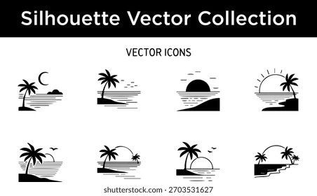 Ocho iconos vectoriales de silueta negra distintos, cada uno con una escena de playa tropical. Los Elementos incluyen palmeras, islas, olas del océano, sol, luna y aves voladoras.