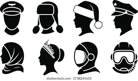 Eight distinct black silhouettes represent diverse individuals wearing uniforms, traditional attire, and specialized head protection.