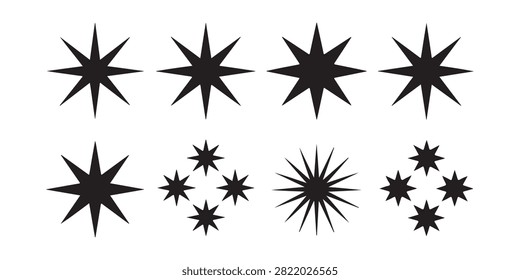 Eight distinct black star vector elements featuring sharp rays and cluster arrangements for celestial accents.
