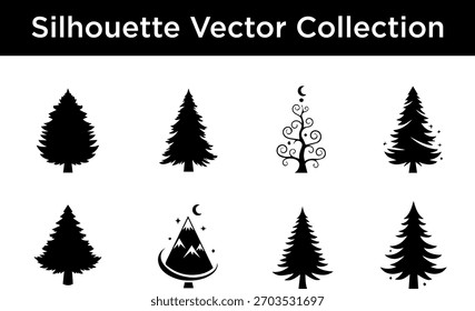 Eight distinct black tree silhouettes, including traditional evergreen shapes, a whimsical swirling Christmas tree, and a stylized mountain-pine with moon and stars.