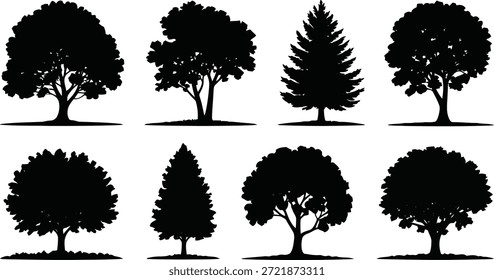 Ocho siluetas de árboles negros distintos, incluyendo frondosas formas caducifolias y coníferas puntiagudas, ideales para temas de naturaleza o proyectos ambientales.