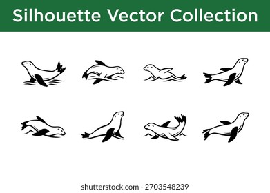 Eight distinct black vector silhouettes of seals and sea lions, perfect for marine life designs and logos.