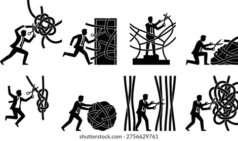 Eight distinct black and white silhouette illustrations show a businessman actively using scissors to untangle and cut through complex knots, ropes, and barriers, representing solutions to challenges and overcoming obstacles.