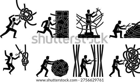 Eight distinct black and white silhouette illustrations show a businessman actively using scissors to untangle and cut through complex knots, ropes, and barriers, representing solutions to challenges and overcoming obstacles.