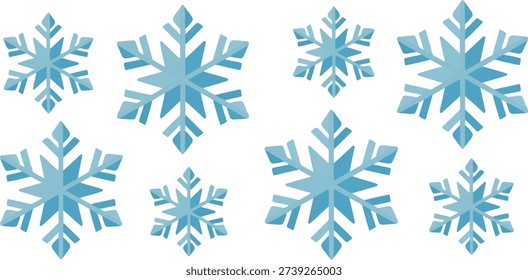 Eight distinct blue snowflake designs showcasing intricate geometric patterns, ideal for winter and seasonal themes.