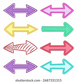 Oito setas distintas, coloridas e desenhadas à mão dispostas em uma grade, cada par apontando para a esquerda e para a direita.