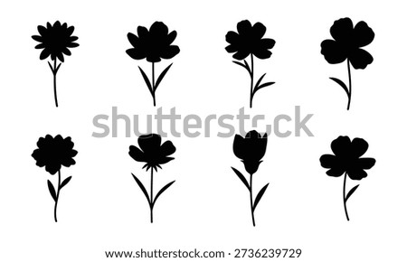 Eight distinct flower silhouettes arranged in two rows on a plain white background