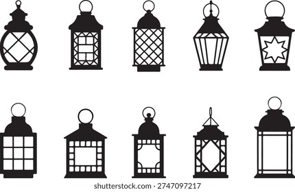 Eight distinct lantern silhouettes with different patterns and shapes, arranged in two rows on a plain white background.