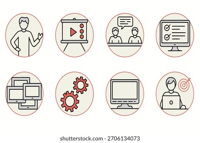 Ocho iconos lineales distintos representan la educación digital, los procesos de negocios, las reuniones en línea, el desarrollo tecnológico y la productividad personal para el Diseño web moderno.