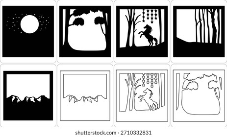 Ocho paneles distintos muestran varios Diseños gráficos en blanco y negro, incluidos paisajes, animales y patrones abstractos.