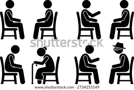 Eight distinct people sitting on chairs in various positions and postures