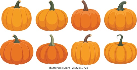 Se organizan ocho calabazas naranjas regordetas distintas, que muestran Formas variadas y colores de tallo para las celebraciones de otoño y cosecha.