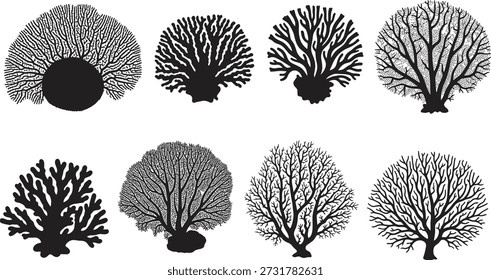 Eight distinct tree silhouettes with varying densities and styles, showcasing different foliage patterns