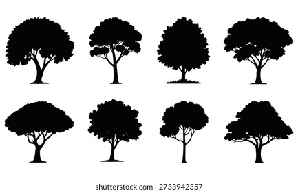 Ocho siluetas de árboles diferentes con diferentes Formas y tamaños se muestran sobre un fondo blanco, con diferentes densidades de follaje y patrones de ramificación, adecuados para aplicaciones de paisajismo y diseño.