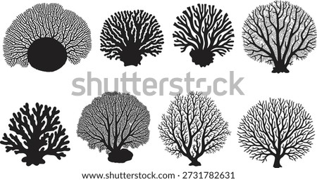 Eight distinct tree silhouettes with varying densities and styles, showcasing different foliage patterns