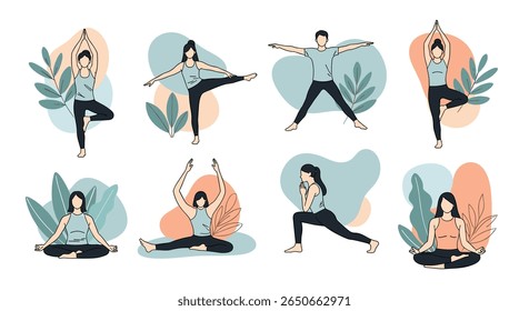 Eight distinct yoga poses performed by women demonstrating various fitness routines and healthy lifestyles