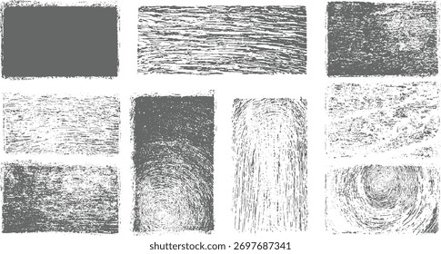 Acht bedrückte farbige Texturen und Hintergründe in Grau-Weiß-Tönen.