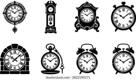 Eight diverse clock types as bold graphic outlines representing time passage and historical accuracy. Ideal for conceptual design themes.