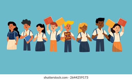Eight diverse students smiling and holding colorful school materials