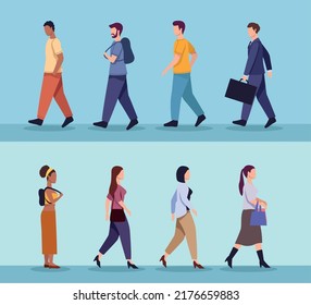 eight diversity persons walking characters