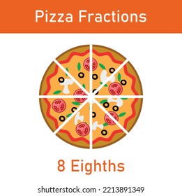 Eight eighths pizza fractions. Fraction for kids. Pizza slices. Fraction fun with pizza. vector illustration isolated on white background.