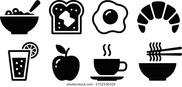 Ocho iconos esenciales que muestran comidas y bebidas comunes como cereales, tostadas con mantequilla derretida y café caliente.