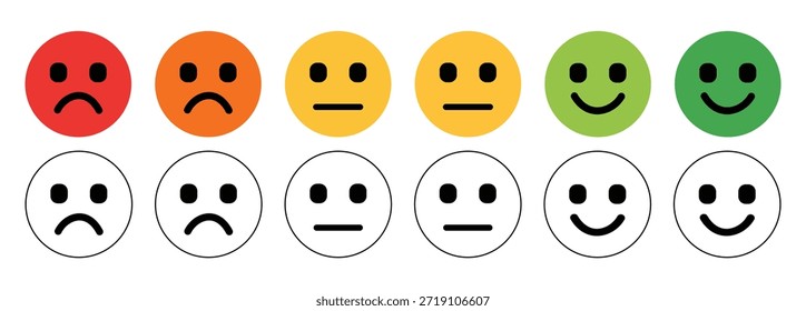 Ocho iconos faciales que muestran diferentes emociones y estilos emoji. Iconos del vector para el Comentarios, sentimiento, caras felices, tristes, enojadas, neutrales. Ilustración vectorial.
