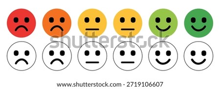 Eight face icons showing different emotions and styles emoji emoticon. Vector icons for feedback, mood, Happy, sad, angry, neutral faces.vector illustration.