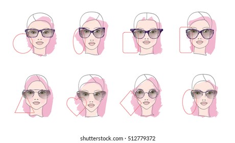 Eight Face shapes with options for spectacle frames on a white background