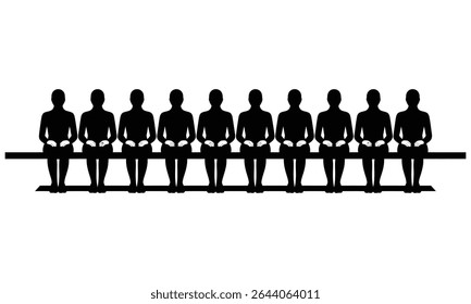 Eight faceless figures sit side-by-side on a bench, hands clasped, creating a minimalist, symbolic image of unity or a group.