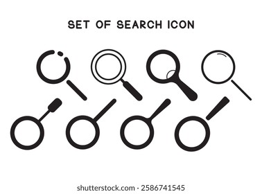Eight flat vector line art search icons (magnifying glasses).  Each icon offers a unique variation of the magnifying glass form, differing in handle and lens details.