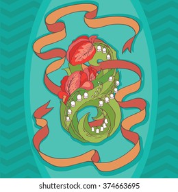 Eight of flowers, ribbon, tulips and lilies of the valley. Greeting the March card. Vector illustration