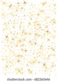 Eight and four rays shiny star pattern, golden sparkles background. Chaotic starry gold confetti simple textile, isolated on white background. Night sky objects. Star sparkle holiday pattern