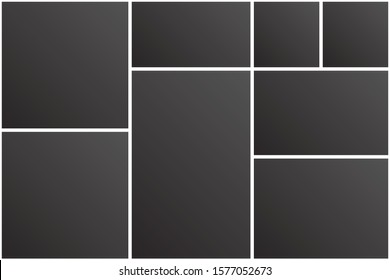 Eight frames photo parts templates collage, picture or illustration. Vector poster frame mockup. Eight photos. Board and branding presentation, collage template with white borders.
