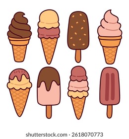 Eight frozen treats including ice cream cones and popsicles in chocolate, strawberry, and vanilla flavors