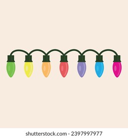 Eight fully editable and colorful christmas string lights with green wire and led reflexes flat iconic vector art