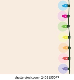 Eight fully editable and colorful vertical christmas string lights with green wire and circular reflexes flat iconic vector art. Ready to use as a background decorative element