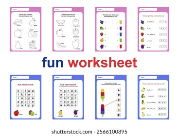 eight fun children's worksheets, children can color, distinguish colors, search for colors, read, complete letters and recognize the names of fruits