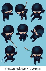 eight funny cartoon ninja characters, vector illustration