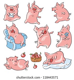 Eight funny cartoon  pigs , isolated from a background.