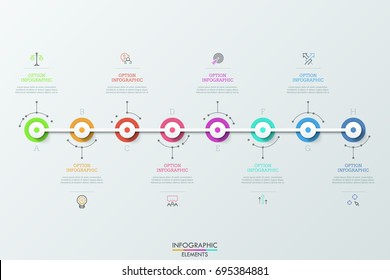 Eight futuristic circular elements placed horizontally and connected, thin line symbols, text boxes. Concept of 8 steps to goal achievement. Modern infographic design layout. Vector illustration.