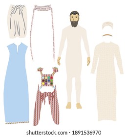 The eight garments of the Jewish high priest in the Temple in Jerusalem: undergarments, tunic, sash, turban, robe, Ephod, breastplate, golden plate. 
Shear game gluing and dressing.
Vector drawing