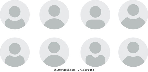 Oito espaços reservados para avatar de perfil de usuário genérico organizados em uma grade, representando usuários anônimos ou contas padrão