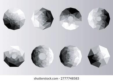Eight geometric polygonal shapes with grayscale gradient and spiral effect