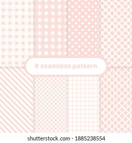 Eight geometric repeat pattern designs, peach and white, pastel seamless repeat pattern designs, pattern set, pattern collection.